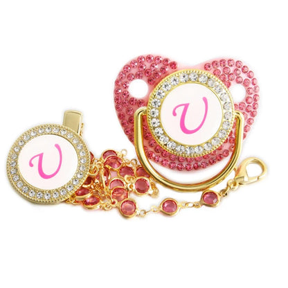26 Letter Pink Pacifier with Rhinestone Chain Clip