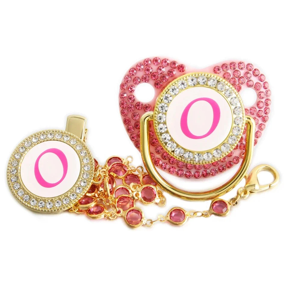 26 Letter Pink Pacifier with Rhinestone Chain Clip