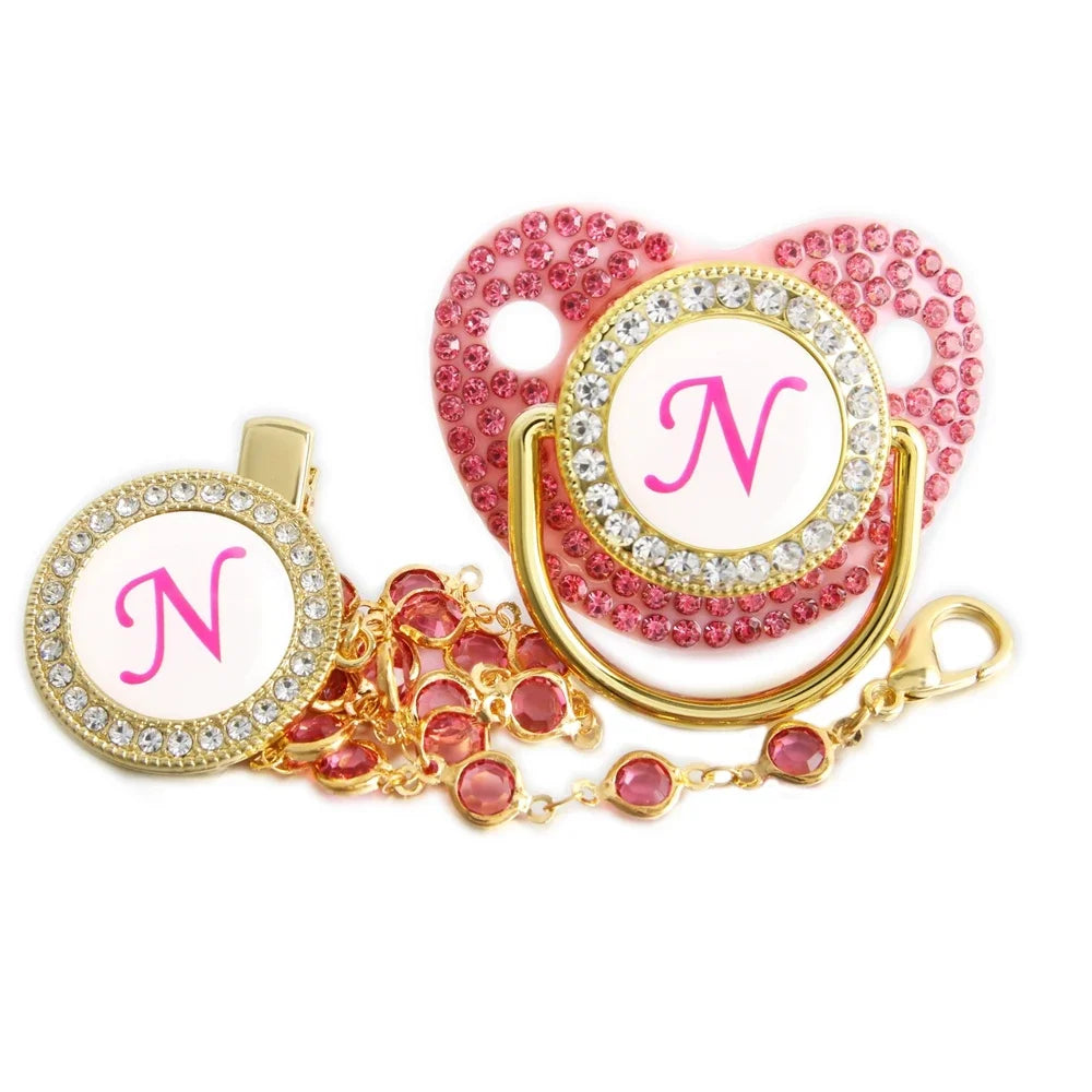 26 Letter Pink Pacifier with Rhinestone Chain Clip