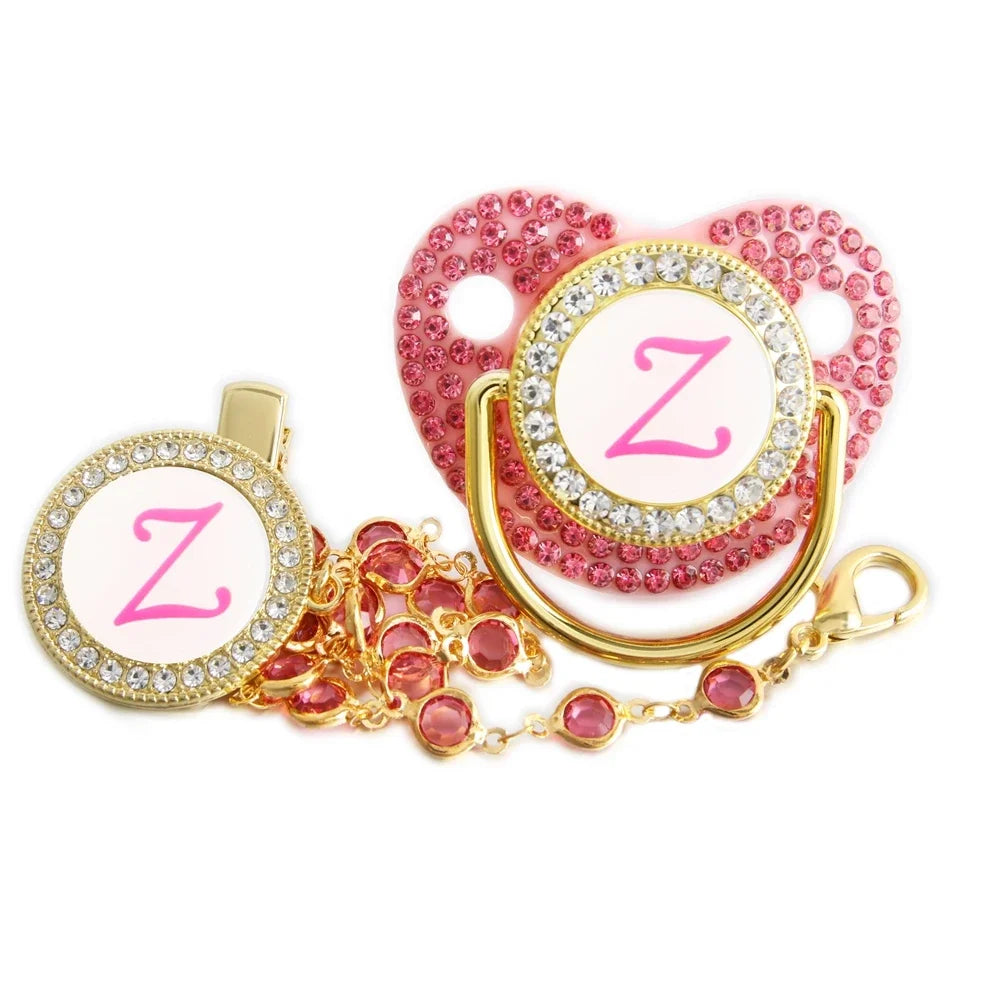 26 Letter Pink Pacifier with Rhinestone Chain Clip